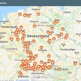Screenshot einer Kartenanwendung mit Markierungen in Deutschland und angrenzenden Ländern.