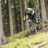 Eine Person fährt E-Mountainbike im Wald.