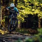 Mountainbiker springt im Wald mit Bike über Hindernis.