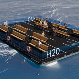 Ein Computer-simuliertes Bild einer schwimmenden Plattform auf dem Wasser mit Sitzbänden und einer Fahrradspur darauf.