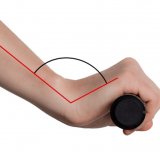 Seitenansicht einer angewinkelten Hand am Fahrradlenker. Überlagerte Linien illustrieren den Winkel zwischen Unterarm und Hand.