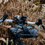 Der Lenker eines Gravelbikes mit Gepäck daran inmitten vertrockneten Farns.