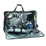 Eine offene Tasche mit einem Fahrrad in Einzelteilen darin.