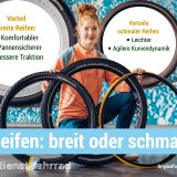 Infografik mit Vorteilen breiter und schmaler Fahrradreifen im Vergleich