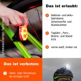 Collage aus einem Foto von einem Fahrradrücklicht und einem Foto von einem Mann mit Licht auf seinem Fahrradhelm sowie Stichpunkten dazu, welche Art von Beleuchtung beim Radfahren erlaubt und welche verboten ist.