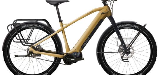 Ein E-Bike mit Gepäckträgern hinten und vorne und Schutzblechen.