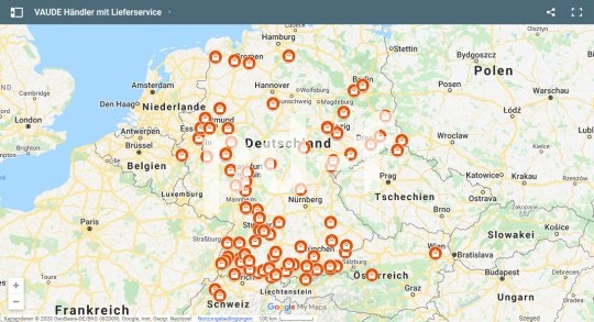 Screenshot einer Kartenanwendung mit Markierungen in Deutschland und angrenzenden Ländern.