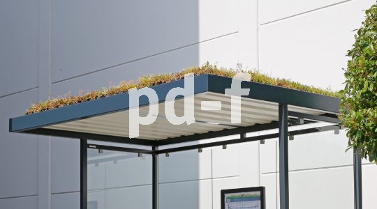 Die Firma Walter Solbach Metallbau bietet Firmen wie auch Kommunen begrünbare und solarenergetisierbare Überdachungen an, die etwa als Buswartehäuschen oder Fahrrad-Abstellanlagen nutzbar sind.