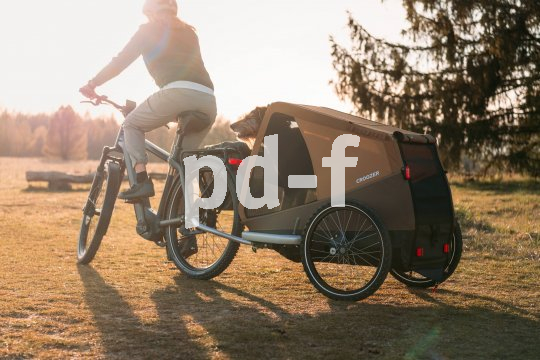 Dieser Hänger bietet auch einem große Hund ausreichend Platz. Zudem ist er auch als Jogger einsetzbar, gefedert und faltbar. Eine Person fährt mit einem E-Bike und Fahrradanhänger mit einem Hund darin über eine Wiese.