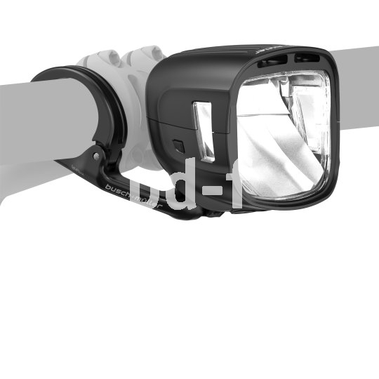 Freisteller eines Fahrradscheinwerfers, an ausgegrautem Lenker montiert.