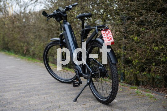 S-Pedelec mit Nummernschild vor Hecke.