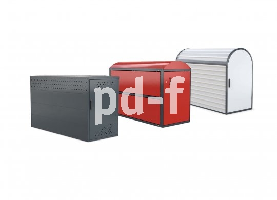 Drei Metallboxen - eine grau und eckig, eine rot mit abgerundetem Dach und eine weiß mit abgerundetem Dach.