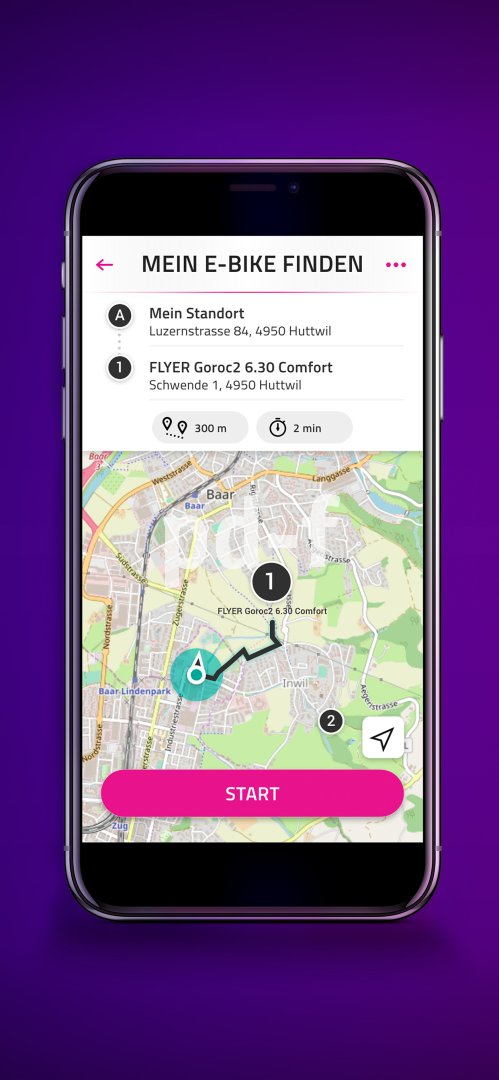 Ein Smartphone mit einer Kartenanwendung, die den Standort eines E-Bikes darstellt.