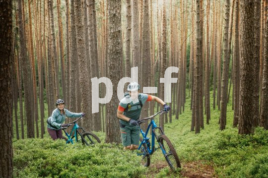 Eine Frau und ein Mann schieben ihre Mountainbikes im Wald einen Weg bergan.