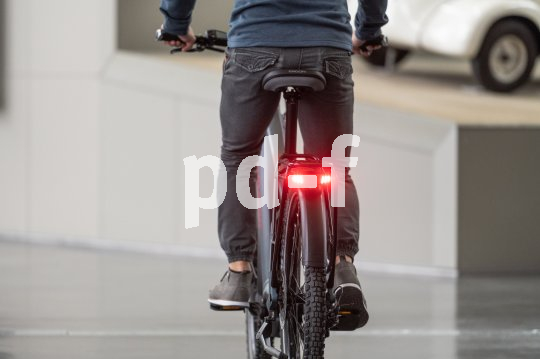 Am Gepäckträger eines Fahrrades leuchtet ein Bremslicht rot.