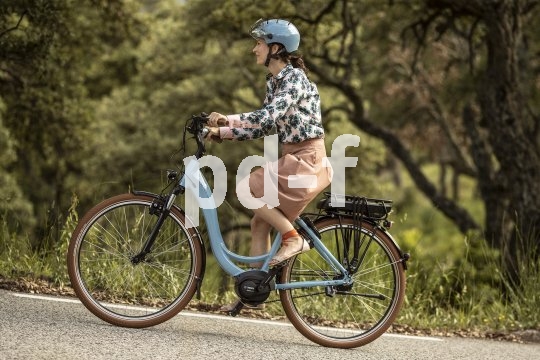 Ein klassischer Aufbau für ein Tiefeinsteiger-Pedelec: Rahmendurchstieg, Motor am Tretlager, Akku unter dem Gepäckträger. hier mit Riemenantrieb und Hydraulikbremsen. Eine Frau fährt auf einem E-Bike eine Straße bergan.