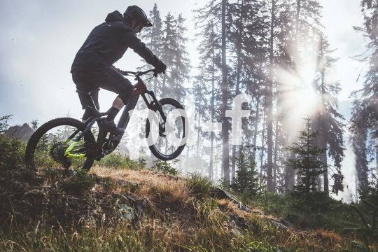 Eine Person fährt auf einem E-MTB durch einen lichten Wald.