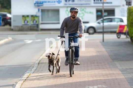 Den Hund vom Rad aus zu führen ist nicht ohne Risiko. Ohnehin gehören beide Hände an den Lenker. Zur Leine wird dann eine spezielle flexible Halterung, die sich am Hinterbau anbringen lässt. Mit ihr bleiben plötzliche Bewegungen des Hundes weitgehend ohne Auswirkung auf das Fahrverhalten.
