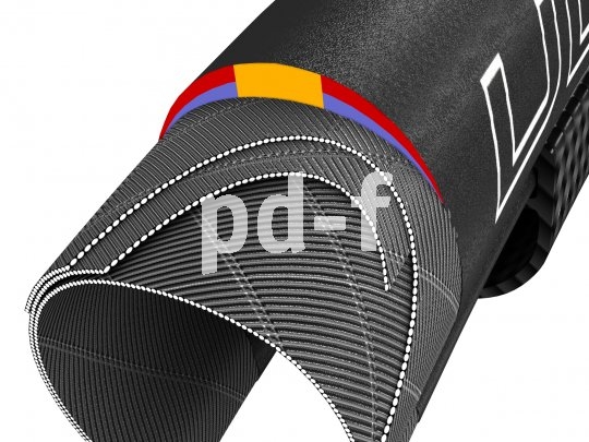 Top-Rennradreifen im Schnittbild: Der gelbe Streifen an der Lauffläche sorgt für lange Haltbarkeit, die roten Seitenpartien bieten hohe Kurvenhaftung. Die blaue Gummischicht darunter ermöglicht geringen Rollwiderstand.