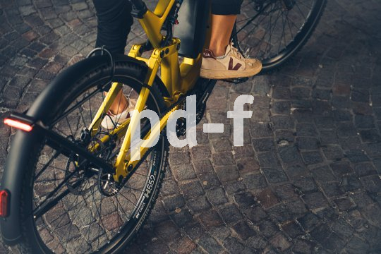 Detailaufnahme des Hinterbaus eines E-Bikes auf der Straße.
