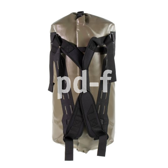 Freisteller der Rückseite einer olivgrünen Sport- und Reisetasche, mit Tragesystem.