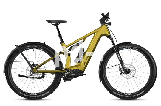 Das neue, vollgefederte Goroc TR:X des Schweizer Herstellers Flyer ist mit dem neuen Pinion-E-Drive ausgerüstet. Das E-Fully aus Carbon bietet eine Lichtanlage, Seitenständer und Schutzbleche. Auf den Gepäckträger passen herkömmliche Fahrradtaschen, außerdem ist ein Faltschloss von Abus am Rahmen montiert. Freisteller des Goroc TR:X in der Seitenansicht.