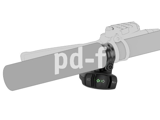 Das Turntec von Lichtspezialist Busch und Müller wird über einen Multifunktionsschalter für die Lenkermontage gesteuert. Freisteller eines Fahrradblinkers an ausgegrautem Lenker.
