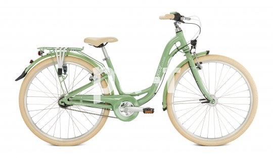 Ein grünes Fahrrad in klassischer Schwanenhalsform mit beigen Reifen, Lenkergriffen und Sattel.