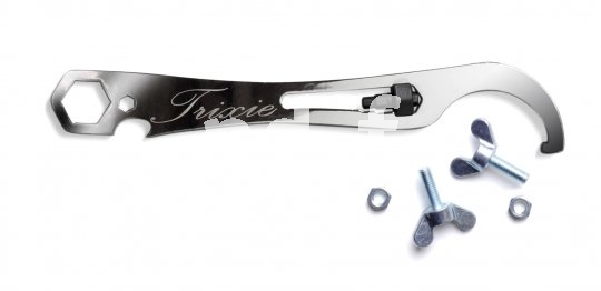Pedro's "Trixie Chrome" (34,90 Euro): div. Ringschlüssel, Inbus (5 mm), Flaschenöffner, "Lock Ring"-Hakenschlüssel, Flügelschrauben zur Befestigung an Trinkflaschenhalterösen.