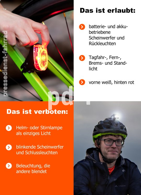 Die Bildunterschrift wird in Bälde eingefügt. Sie können uns aber gern auch per E-Mail oder Telefon kontaktieren, wir helfen gerne weiter. Collage aus einem Foto von einem Fahrradrücklicht und einem Foto von einem Mann mit Licht auf seinem Fahrradhelm sowie Stichpunkten dazu, welche Art von Beleuchtung beim Radfahren erlaubt und welche verboten ist.