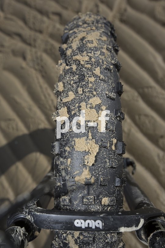 Der Fatbike-Reifen schwebt geradezu über feuchten Sand. Wie man sieht, setzt sich dabei das Profil nicht zu.
