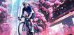 Ein Rennradfahrer vor einem künstlich wirkenden Hintergrund aus rosa blühenden Bäumen und Hochhäusern.