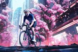 Ein Rennradfahrer vor einem künstlich wirkenden Hintergrund aus rosa blühenden Bäumen und Hochhäusern.