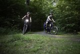 Zwei Personen fahren auf E-Bikes durch einen Wald.