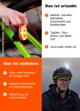 Collage aus einem Foto von einem Fahrradrücklicht und einem Foto von einem Mann mit Licht auf seinem Fahrradhelm sowie Stichpunkten dazu, welche Art von Beleuchtung beim Radfahren erlaubt und welche verboten ist.